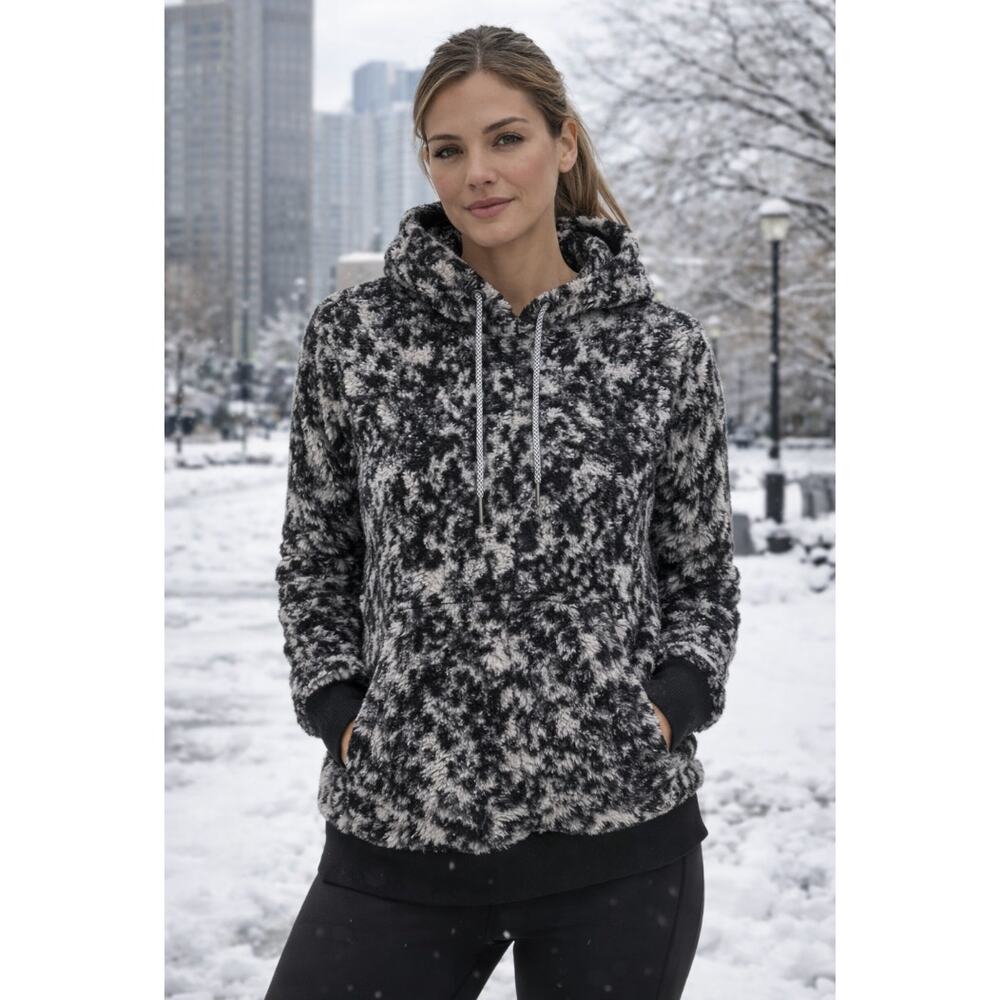 Athleta Tugga Teddy Sherpa Hoodie Black White Plush Fleece Athleisure Small